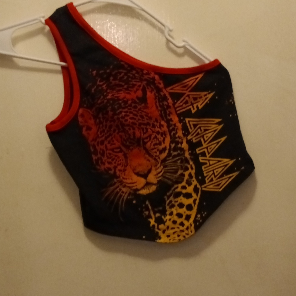 Def Leopard One Shoulder Crop, Small Girls XS PTP 13, Black/Red/Yellow, NWOT
